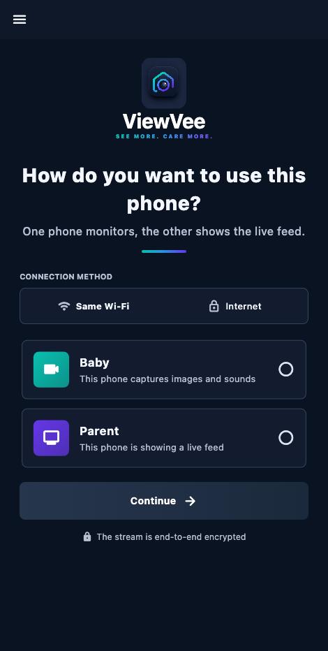ViewVee device role selection screen in English dark mode